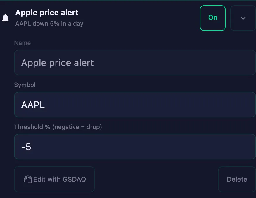 Actual app settings for an Apple 5% daily-drop alert; example rule
