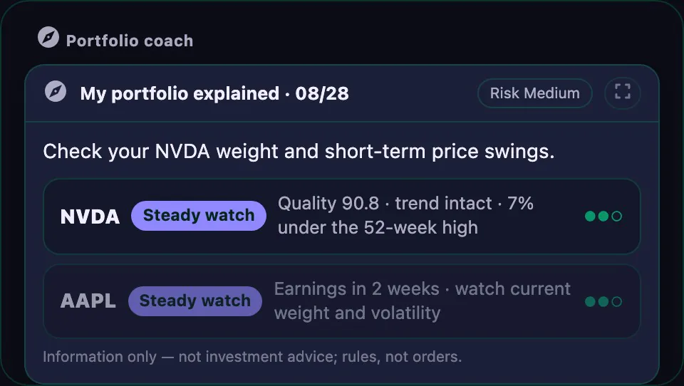 Actual portfolio coach highlighting NVDA and what to watch; sample holdings