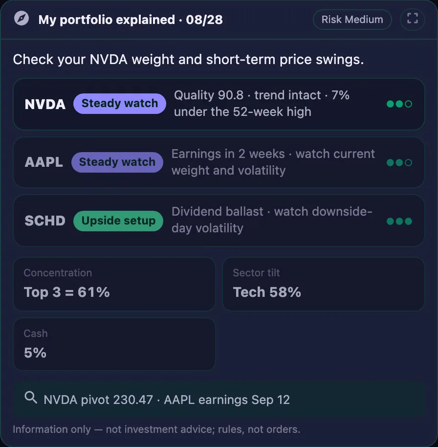 Actual portfolio explanation card with NVDA in focus; sample data